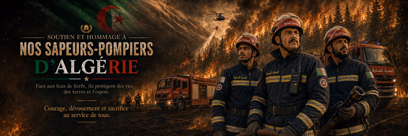 Soutien et hommage aux sapeurs-pompiers d’Algérie qui protègent les vies, les terres et l’espoir face aux feux de forêt.